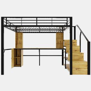 Cama alta 140 x 200 cm - estrutura metálica com secretária, prateleiras, roupeiro, escada com espaço de arrumação e porta USB, sem colchão - Preto