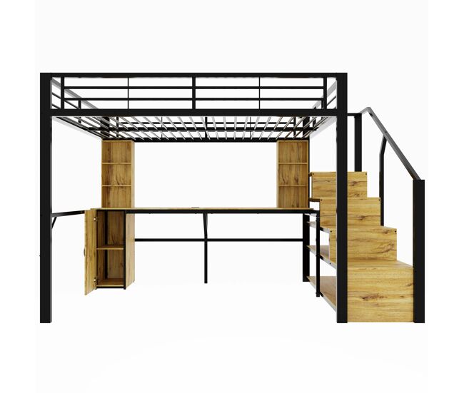 Cama alta 140 x 200 cm - estructura metálica con escritorio, estantes, armario, escalera con almacenaje y usb, sin colchón - negro