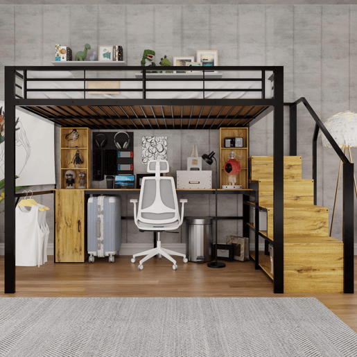 Cama alta 140 x 200 cm - estrutura metálica com secretária, prateleiras, roupeiro, escada com espaço de arrumação e porta USB, sem colchão - Preto