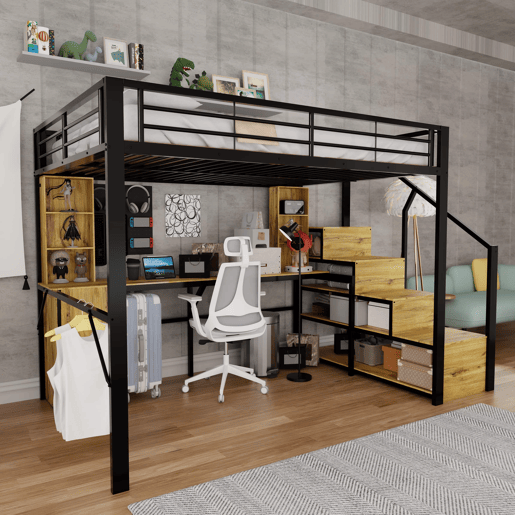 Cama alta 140 x 200 cm - estrutura metálica com secretária, prateleiras, roupeiro, escada com espaço de arrumação e porta USB, sem colchão - Preto