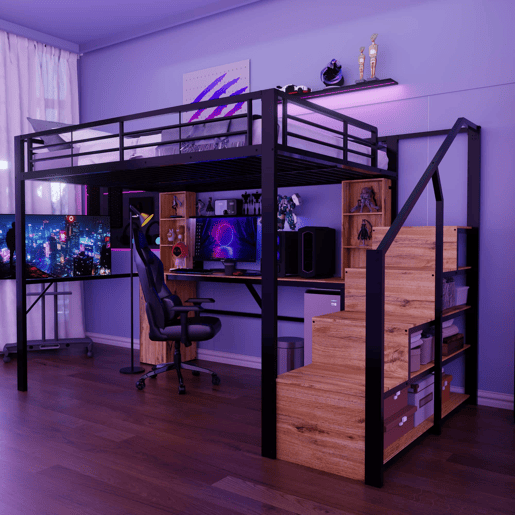 Cama alta 140 x 200 cm - estrutura metálica com secretária, prateleiras, roupeiro, escada com espaço de arrumação e porta USB, sem colchão - Preto