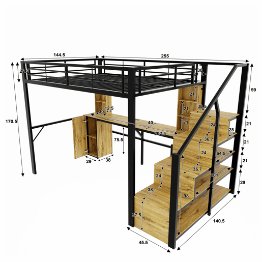Cama alta 140 x 200 cm - estrutura metálica com secretária, prateleiras, roupeiro, escada com espaço de arrumação e porta USB, sem colchão - Preto