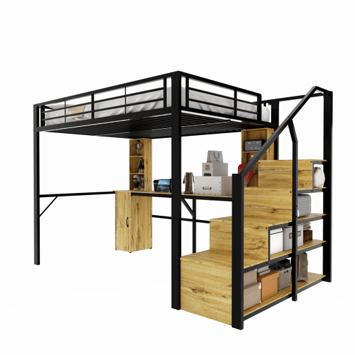 Cama alta 140 x 200 cm - estrutura metálica com secretária, prateleiras, roupeiro, escada com espaço de arrumação e porta USB, sem colchão - Preto