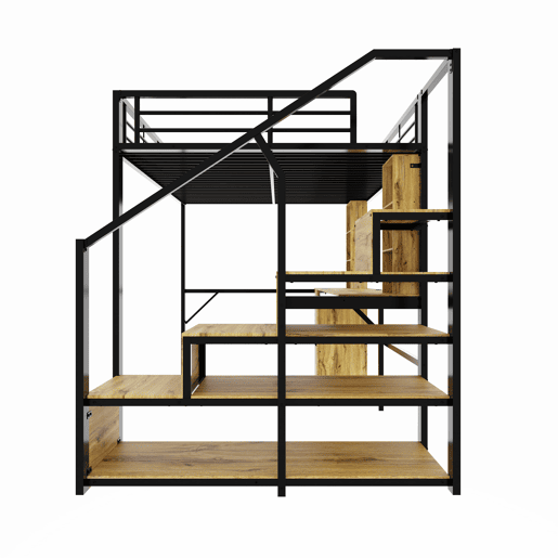 Cama alta 140 x 200 cm - estrutura metálica com secretária, prateleiras, roupeiro, escada com espaço de arrumação e porta USB, sem colchão - Preto