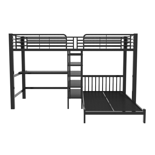 Cama alta 90×200 cm - estrutura em ferro, secretária, tomada dupla USBType-C, 3 prateleiras e uma prateleira na cabeceira, sem colchão - Preto