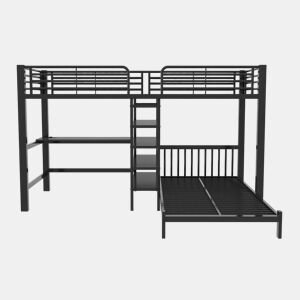 Cama alta 90×200 cm - estrutura em ferro, secretária, tomada dupla USBType-C, 3 prateleiras e uma prateleira na cabeceira, sem colchão - Preto