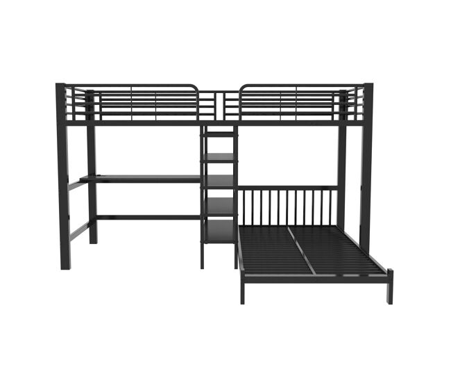 Cama alta 90×200 cm - estructura de hierro, escritorio, enchufe doble usb/type-c, 3 estantes y balda en cabecero, sin colchón - negro