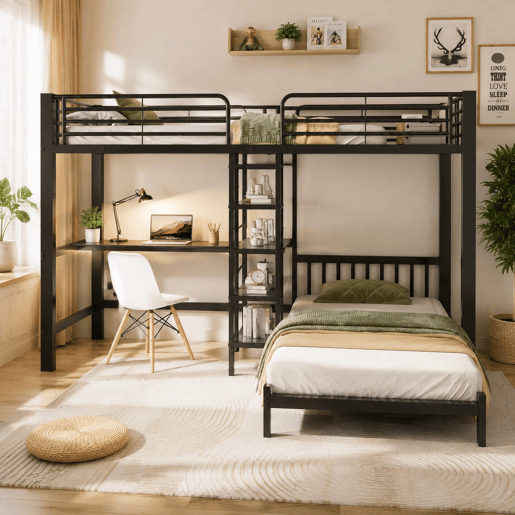 Cama alta 90×200 cm - estrutura em ferro, secretária, tomada dupla USBType-C, 3 prateleiras e uma prateleira na cabeceira, sem colchão - Preto
