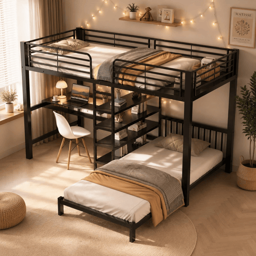 Cama alta 90×200 cm - estrutura em ferro, secretária, tomada dupla USBType-C, 3 prateleiras e uma prateleira na cabeceira, sem colchão - Preto
