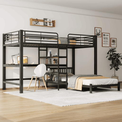 Cama alta 90×200 cm - estrutura em ferro, secretária, tomada dupla USBType-C, 3 prateleiras e uma prateleira na cabeceira, sem colchão - Preto