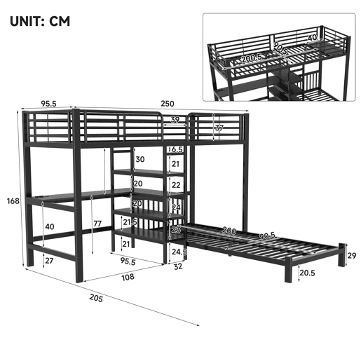 Cama alta 90×200 cm - estrutura em ferro, secretária, tomada dupla USBType-C, 3 prateleiras e uma prateleira na cabeceira, sem colchão - Preto