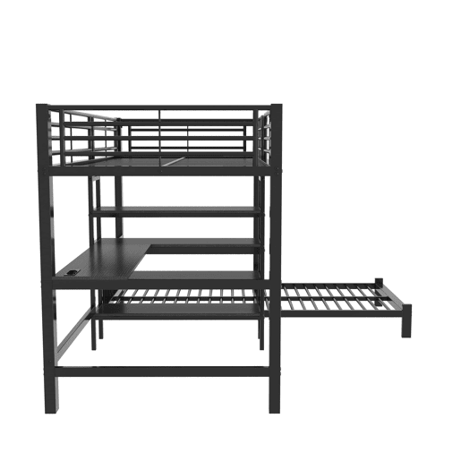 Cama alta 90×200 cm - estrutura em ferro, secretária, tomada dupla USBType-C, 3 prateleiras e uma prateleira na cabeceira, sem colchão - Preto