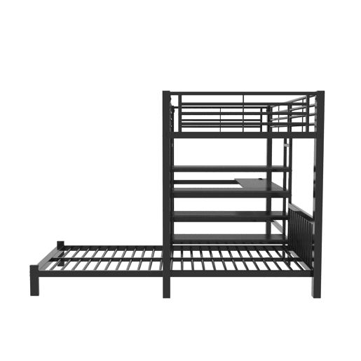 Cama alta 90×200 cm - estrutura em ferro, secretária, tomada dupla USBType-C, 3 prateleiras e uma prateleira na cabeceira, sem colchão - Preto