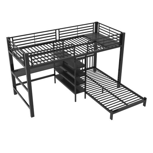 Cama alta 90×200 cm - estrutura em ferro, secretária, tomada dupla USBType-C, 3 prateleiras e uma prateleira na cabeceira, sem colchão - Preto
