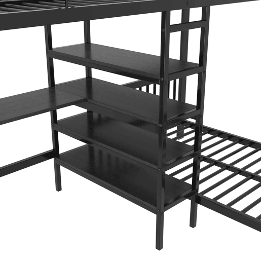 Cama alta 90×200 cm - estrutura em ferro, secretária, tomada dupla USBType-C, 3 prateleiras e uma prateleira na cabeceira, sem colchão - Preto