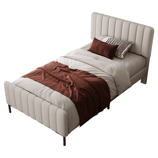 Cama estofada individual 90 x 200 cm u2013 com base incluída, cabeceira ajustável e estofo em linho u2013 Cinzento+Bege