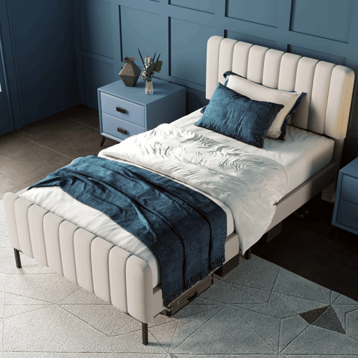 Cama estofada individual 90 x 200 cm u2013 com base incluída, cabeceira ajustável e estofo em linho u2013 Cinzento+Bege