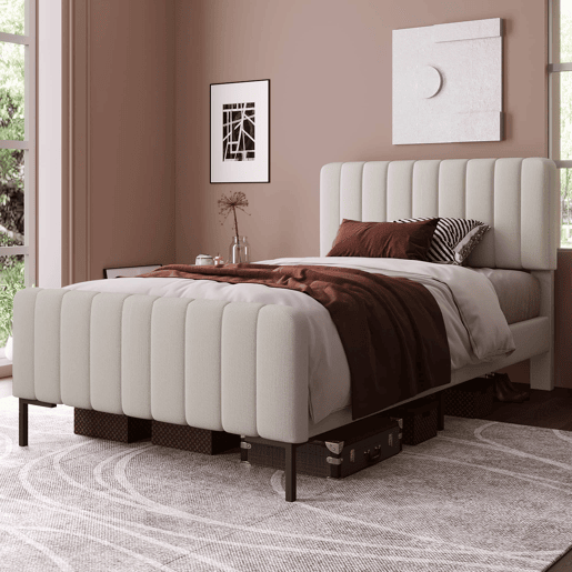 Cama estofada individual 90 x 200 cm u2013 com base incluída, cabeceira ajustável e estofo em linho u2013 Cinzento+Bege