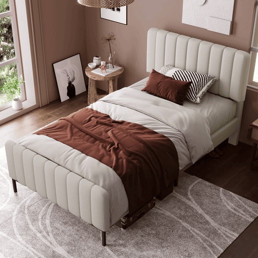 Cama estofada individual 90 x 200 cm u2013 com base incluída, cabeceira ajustável e estofo em linho u2013 Cinzento+Bege