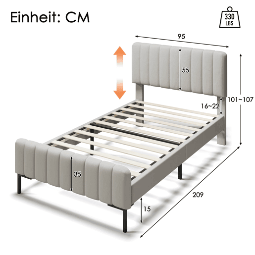Cama estofada individual 90 x 200 cm u2013 com base incluída, cabeceira ajustável e estofo em linho u2013 Cinzento+Bege
