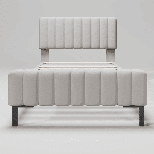 Cama estofada individual 90 x 200 cm u2013 com base incluída, cabeceira ajustável e estofo em linho u2013 Cinzento+Bege