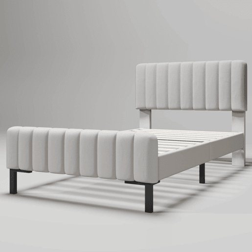 Cama estofada individual 90 x 200 cm u2013 com base incluída, cabeceira ajustável e estofo em linho u2013 Cinzento+Bege