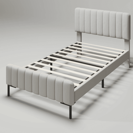 Cama estofada individual 90 x 200 cm u2013 com base incluída, cabeceira ajustável e estofo em linho u2013 Cinzento+Bege