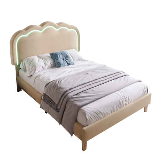 Cama estofada 90 × 200 cm u2013 LED, base de lâminas e cabeceira ajustável u2013 Bege