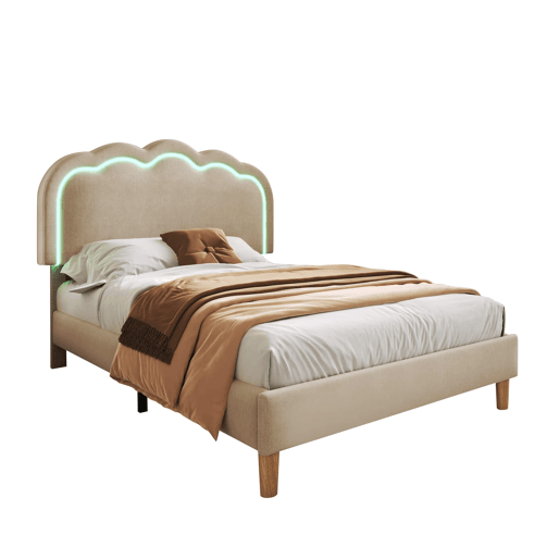 Cama estofada 90 × 200 cm u2013 LED, base de lâminas e cabeceira ajustável u2013 Bege
