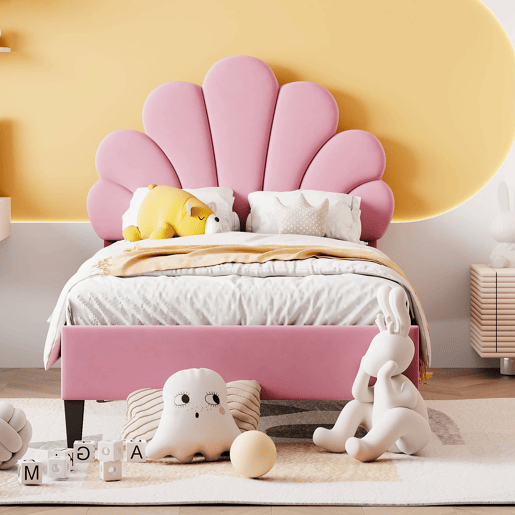 Cama infantil estofada 90x200 cm - cabeceira com padrão floral, base incluída e veludo macio - Rosa