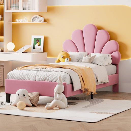 Cama infantil estofada 90x200 cm - cabeceira com padrão floral, base incluída e veludo macio - Rosa