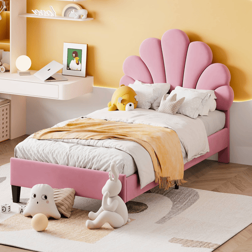 Cama infantil estofada 90x200 cm - cabeceira com padrão floral, base incluída e veludo macio - Rosa