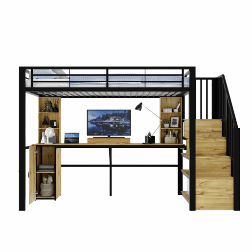 Cama alta 90 x 200 cm - estrutura metálica, secretária, prateleiras, roupeiro, escada com espaço de arrumação, USB, sem colchão - Preto
