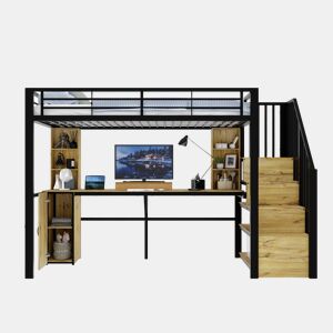 Cama alta 90 x 200 cm - estrutura metálica, secretária, prateleiras, roupeiro, escada com espaço de arrumação, USB, sem colchão - Preto
