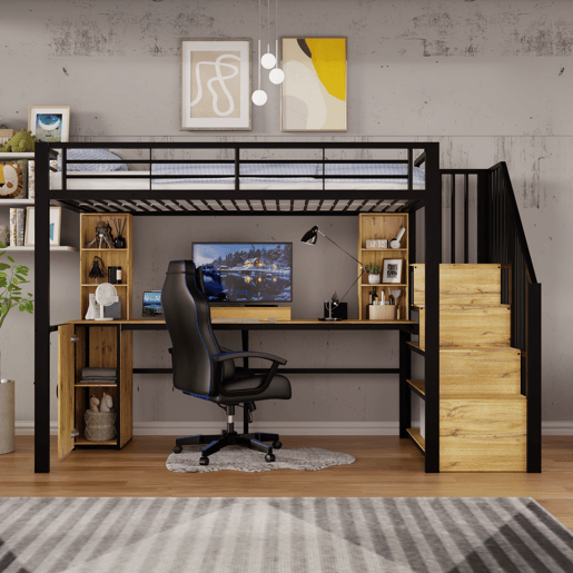 Cama alta 90 x 200 cm - estrutura metálica, secretária, prateleiras, roupeiro, escada com espaço de arrumação, USB, sem colchão - Preto
