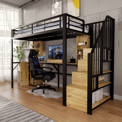 Cama alta 90 x 200 cm - estrutura metálica, secretária, prateleiras, roupeiro, escada com espaço de arrumação, USB, sem colchão - Preto
