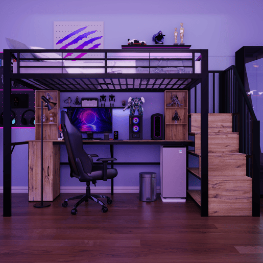 Cama alta 90 x 200 cm - estrutura metálica, secretária, prateleiras, roupeiro, escada com espaço de arrumação, USB, sem colchão - Preto