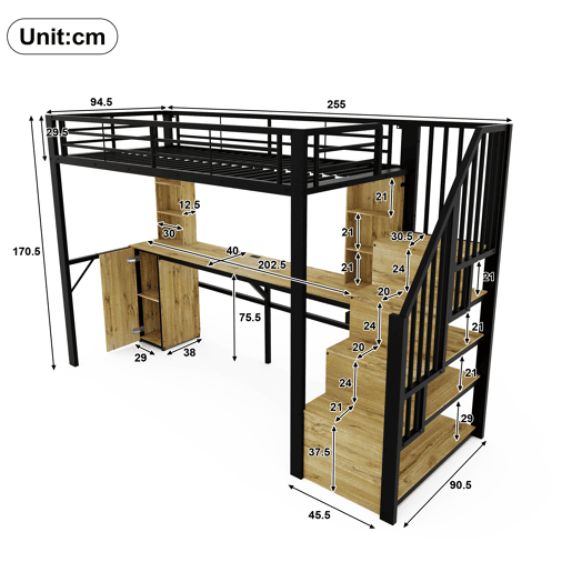 Cama alta 90 x 200 cm - estrutura metálica, secretária, prateleiras, roupeiro, escada com espaço de arrumação, USB, sem colchão - Preto