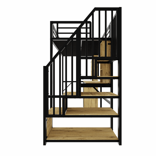 Cama alta 90 x 200 cm - estrutura metálica, secretária, prateleiras, roupeiro, escada com espaço de arrumação, USB, sem colchão - Preto