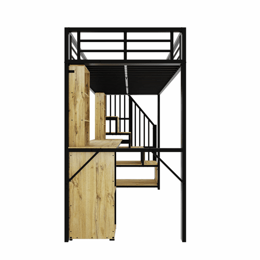 Cama alta 90 x 200 cm - estrutura metálica, secretária, prateleiras, roupeiro, escada com espaço de arrumação, USB, sem colchão - Preto