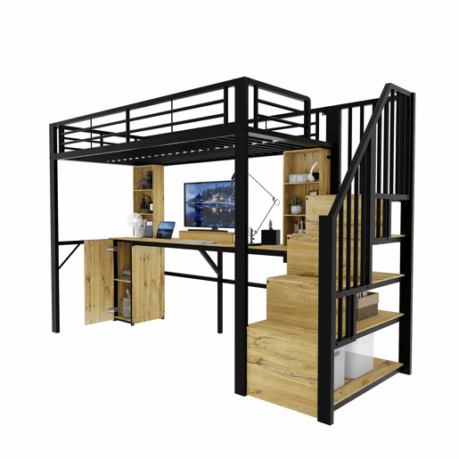 Cama alta 90 x 200 cm - estrutura metálica, secretária, prateleiras, roupeiro, escada com espaço de arrumação, USB, sem colchão - Preto