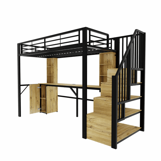 Cama alta 90 x 200 cm - estrutura metálica, secretária, prateleiras, roupeiro, escada com espaço de arrumação, USB, sem colchão - Preto