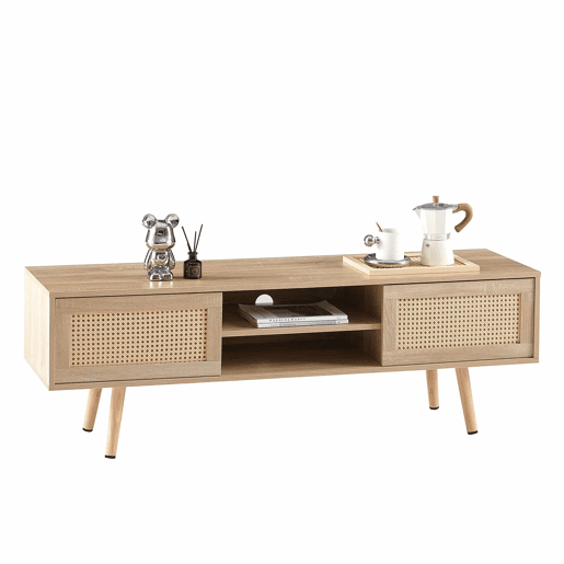 Móvel de TV de 140 cm - com portas duplas de correr, prateleiras ajustáveis e pés em madeira maciça - cor Natural Wood Móvel de TV de 140 cm - com portas duplas de correr, prateleiras ajustáveis e pés em madeira maciça - cor Natural Wood