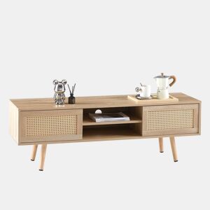 Móvel de TV de 140 cm - com portas duplas de correr, prateleiras ajustáveis e pés em madeira maciça - cor Natural Wood