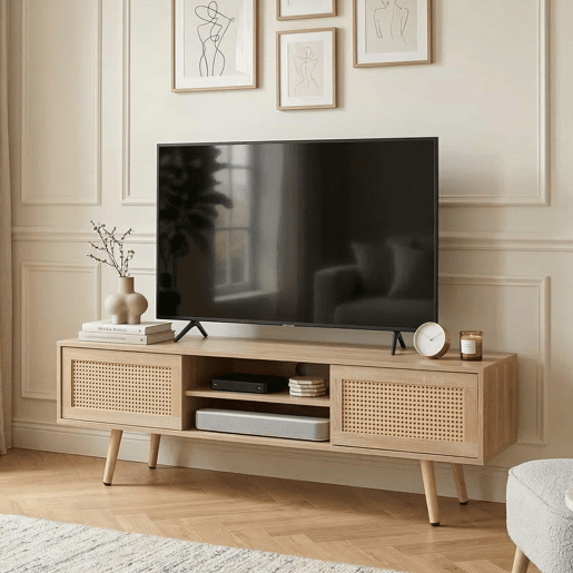 Móvel de TV de 140 cm - com portas duplas de correr, prateleiras ajustáveis e pés em madeira maciça - cor Natural Wood Móvel de TV de 140 cm - com portas duplas de correr, prateleiras ajustáveis e pés em madeira maciça - cor Natural Wood