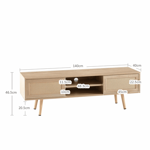 Móvel de TV de 140 cm - com portas duplas de correr, prateleiras ajustáveis e pés em madeira maciça - cor Natural Wood Móvel de TV de 140 cm - com portas duplas de correr, prateleiras ajustáveis e pés em madeira maciça - cor Natural Wood