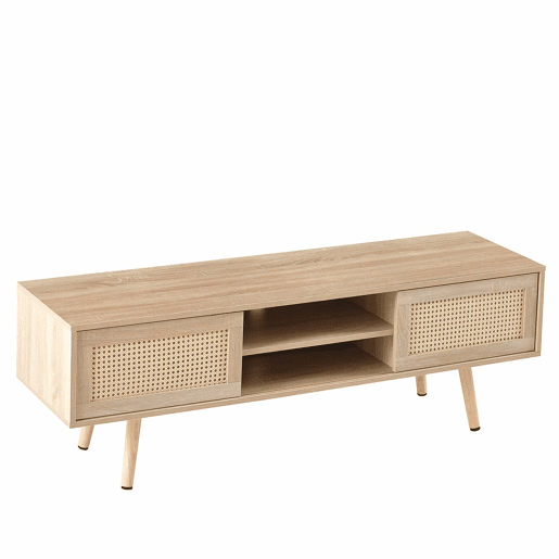Móvel de TV de 140 cm - com portas duplas de correr, prateleiras ajustáveis e pés em madeira maciça - cor Natural Wood Móvel de TV de 140 cm - com portas duplas de correr, prateleiras ajustáveis e pés em madeira maciça - cor Natural Wood
