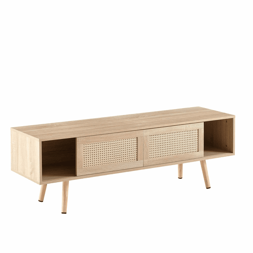 Móvel de TV de 140 cm - com portas duplas de correr, prateleiras ajustáveis e pés em madeira maciça - cor Natural Wood Móvel de TV de 140 cm - com portas duplas de correr, prateleiras ajustáveis e pés em madeira maciça - cor Natural Wood
