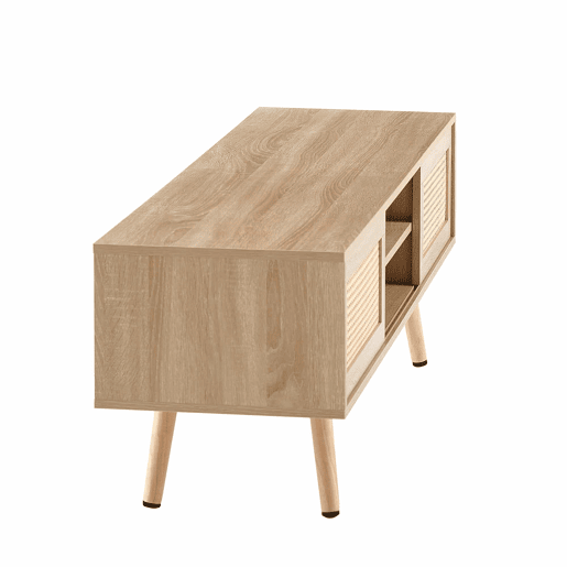 Móvel de TV de 140 cm - com portas duplas de correr, prateleiras ajustáveis e pés em madeira maciça - cor Natural Wood Móvel de TV de 140 cm - com portas duplas de correr, prateleiras ajustáveis e pés em madeira maciça - cor Natural Wood