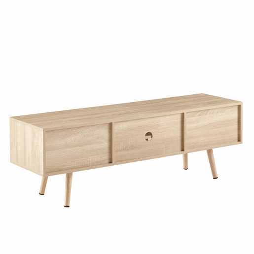 Móvel de TV de 140 cm - com portas duplas de correr, prateleiras ajustáveis e pés em madeira maciça - cor Natural Wood Móvel de TV de 140 cm - com portas duplas de correr, prateleiras ajustáveis e pés em madeira maciça - cor Natural Wood